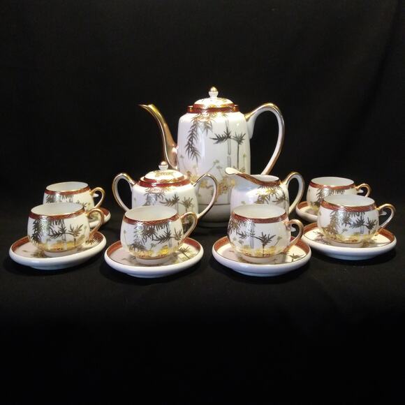 17 Pc Kutani Japanese Tea Service Set Bamboo n Floral w/ Geisha Girl Lithophane - Picture 1 of 16